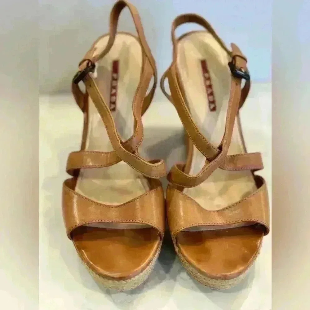 Prada Cork Wedge Strappy Tan Leather Sandals (Sz 37.5) - Picture 2 of 16